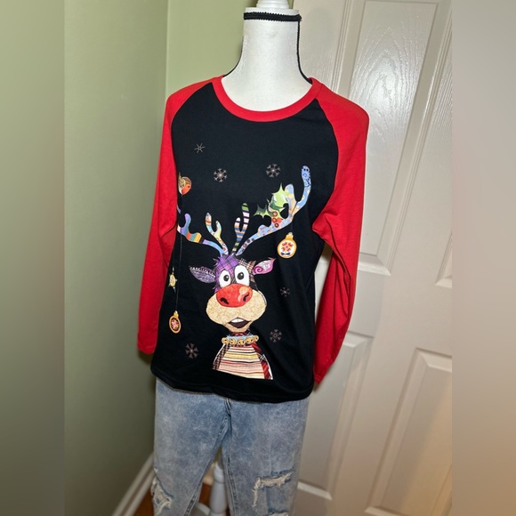 Raglan Red Sleeve Funny Reindeer Graphic Print Crew Neck T-shirt🦌 - Picture 7 of 11
